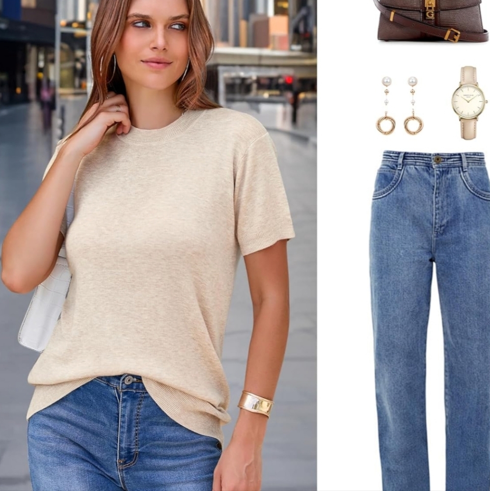 Short Sleeve Neutral Sweater Blouse